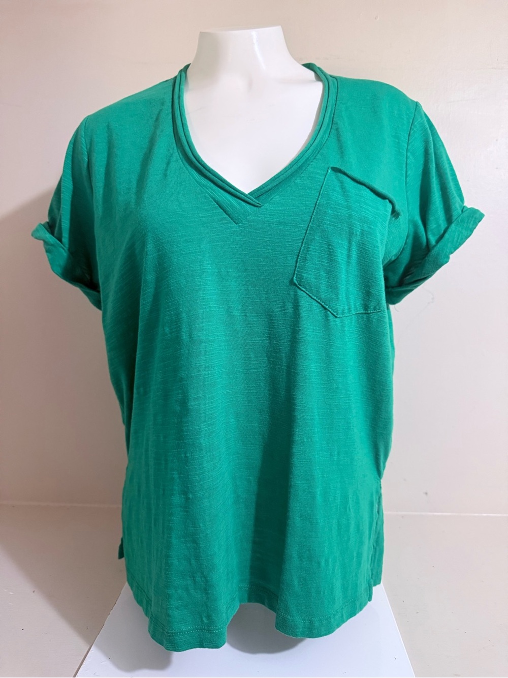 Relaxed V-Neck Short Sleeve Pocket Tee in Emerald Green